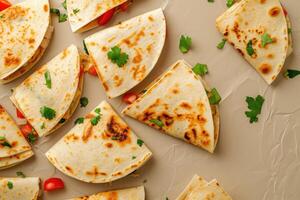 AI generated mexican quesadillas with chicken, cheese and peppers, copy space photo