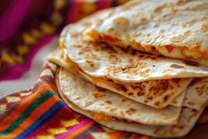 ai generado mexicano quesadillas con pollo, queso y pimientos, Copiar espacio foto