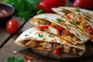 AI generated mexican quesadillas with chicken, cheese and peppers, copy space photo