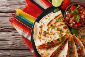 AI generated mexican quesadillas with chicken, cheese and peppers, copy space photo