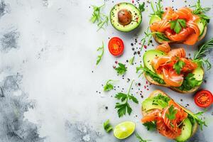 AI generated Open sandwiches toasts with salted salmon, avocado guacamole, roasted chickpeas photo