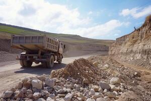 AI generated Large quarry dump truck in mine, quarry. Loading and transportation minerals photo