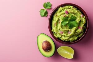 AI generated Closeup avocado guacamole dip with tortilla chips nachos photo