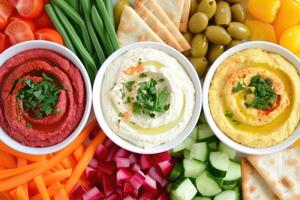 AI generated colourful hummus dips surrounded by various cut vegetables, pita bites, breadsticks photo