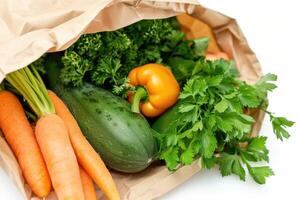 AI generated vegetables, herbs, lettuce, organic produce eco packaging, recyclable eco bag, sustainable shopping photo