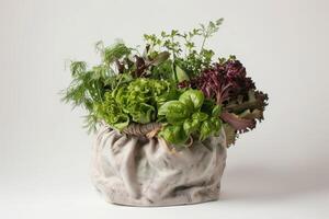AI generated vegetables, herbs, lettuce, organic produce eco packaging, recyclable eco bag, sustainable shopping photo