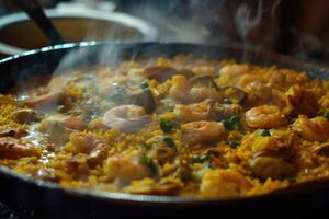 ai generado tradicional Español paella con mariscos, pollo, arroz y vegetales servido en un pan foto