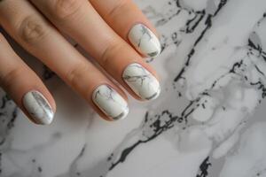 AI generated marble manicure with silver stripe photo