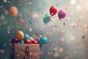 ai generado abril tontos día bandera, vistoso globos y papel picado volador fuera de un regalo caja, fiesta, cumpleaños foto
