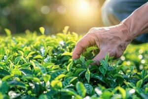 AI generated female workers collect harvests tea leaves by Hand at tea plantation photo