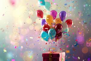 AI generated April Fools Day banner, colorful balloons and confetti flying out of a gift box, party, birthday photo