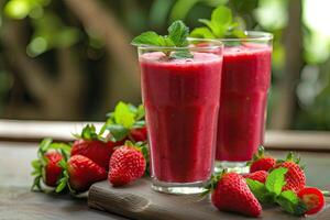 AI generated strawberry smoothie Healthy appetizing dessert in glasses fresh vegan drink . Copy space photo