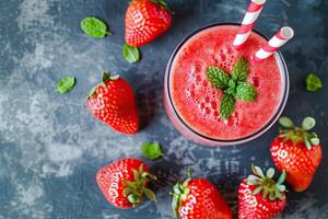 AI generated strawberry smoothie Healthy appetizing dessert in glasses fresh vegan drink . Copy space photo
