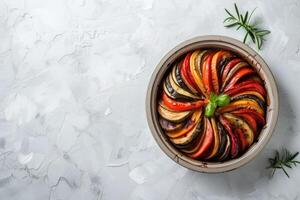 AI generated Traditional french Ratatouille with tomatoes, eggplant and zucchini, top view, copy space photo