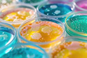 AI generated petri dishes with bacterial colonies culture on agar plates in laboratory photo