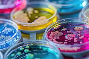 AI generated petri dishes with bacterial colonies culture on agar plates in laboratory photo