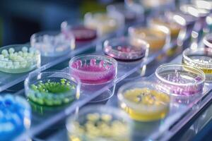 AI generated petri dishes with bacterial colonies culture on agar plates in laboratory photo