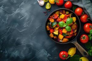 AI generated Traditional french Ratatouille with tomatoes, eggplant and zucchini, top view, copy space photo