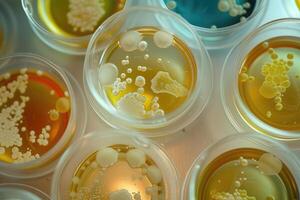 AI generated petri dishes with bacterial colonies culture on agar plates in laboratory photo