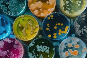 AI generated petri dishes with bacterial colonies culture on agar plates in laboratory photo