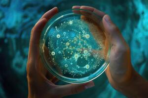 AI generated Scientists hand in glove holding petri dishes with bacterial colonies culture photo