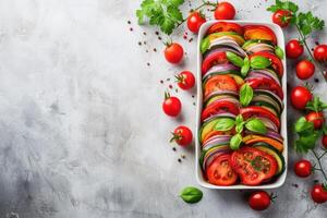 AI generated Traditional french Ratatouille with tomatoes, eggplant and zucchini, top view, copy space photo