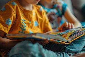 ai generado para niños leyendo un libro juntos. internacional para niños libro día foto