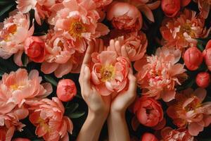 AI generated close up peony flowers background photo