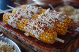 ai generado elotes, A la parrilla mexicano calle maíz en el mazorca con cotija queso, chile polvo, mayonesa foto