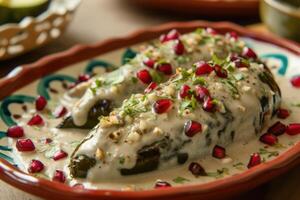 AI generated Mexican cuisine Chile en Nogada stuffed poblano chiles with creamy sauce, pomegranate seeds photo