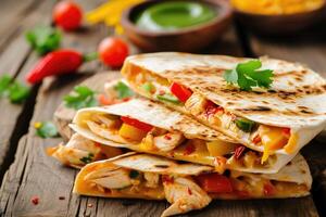 AI generated mexican quesadillas with chicken, cheese and peppers, copy space photo