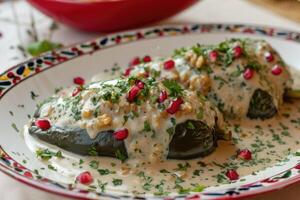 AI generated Mexican cuisine Chile en Nogada stuffed poblano chiles with creamy sauce, pomegranate seeds photo