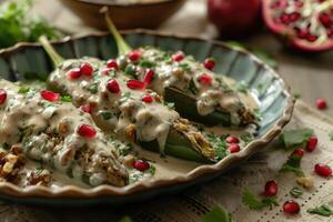 ai generado mexicano cocina Chile en nogada relleno poblano chiles con cremoso salsa, granada semillas foto