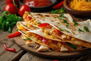 AI generated mexican quesadillas with chicken, cheese and peppers, copy space photo