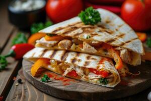 AI generated mexican quesadillas with chicken, cheese and peppers, copy space photo