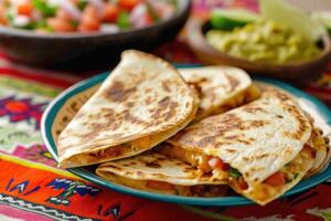 AI generated mexican quesadillas with chicken, cheese and peppers, copy space photo