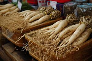 AI generated Wild ginseng roots plant, chinese herbal pharmacy photo