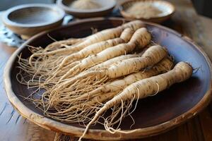 ai generado salvaje ginseng raíces planta, chino herbario farmacia foto