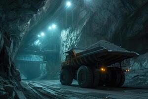 AI generated Large quarry dump truck in mine, quarry. Loading and transportation minerals photo