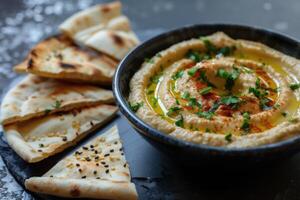 ai generado hummus inmersión con garbanzo, perejil, aceituna aceite, Agave papas fritas foto