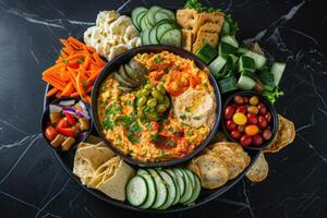 AI generated Hummus dip with chickpea, parsley, olive oil, pita chips photo
