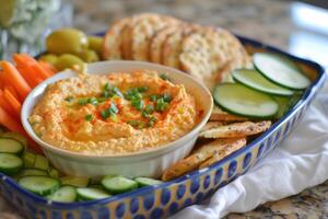 AI generated Hummus dip with chickpea, parsley, olive oil, pita chips photo