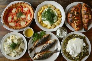 AI generated greek food, salad, meze, pie, fish, tzatziki, dolma photo