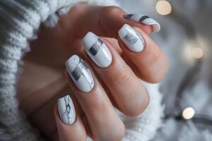 AI generated marble manicure with silver stripe photo