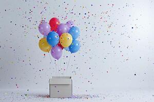 ai generado abril tontos día bandera, vistoso globos y papel picado volador fuera de un regalo caja, fiesta, cumpleaños foto