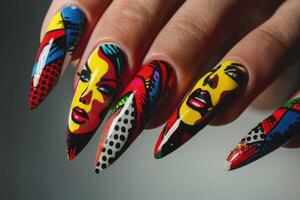 AI generated Close up pop art style manicure on female fingers. Nails design photo
