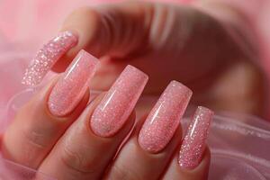 AI generated Pink elongated nail extension with fine glitter photo