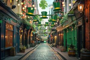 AI generated green leprechaun hat and clovers on festive street. St Patrick's Day background photo