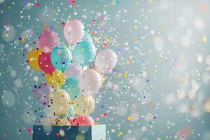 ai generado abril tontos día bandera, vistoso globos y papel picado volador fuera de un regalo caja, fiesta, cumpleaños foto