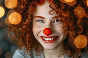 AI generated April Fools Day banner, funny clown circus performer, curly red haired girl with a clown nose photo